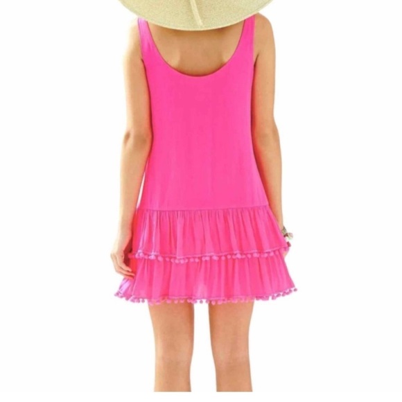 Lilly Pulitzer Natashia Pom Pom Mini Dress Pink Ruffle Hem Size Medium - Picture 8 of 11